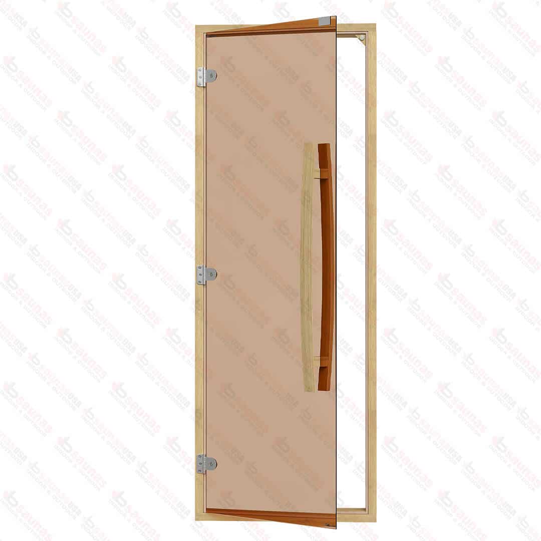 Clear Red Cedar Frame Sauna Door, Curved Handle, Bronze Glass, 690×1890 mm (27 1/8″ x 74 3/8″) For Sale at Orlando Sauna Dealer