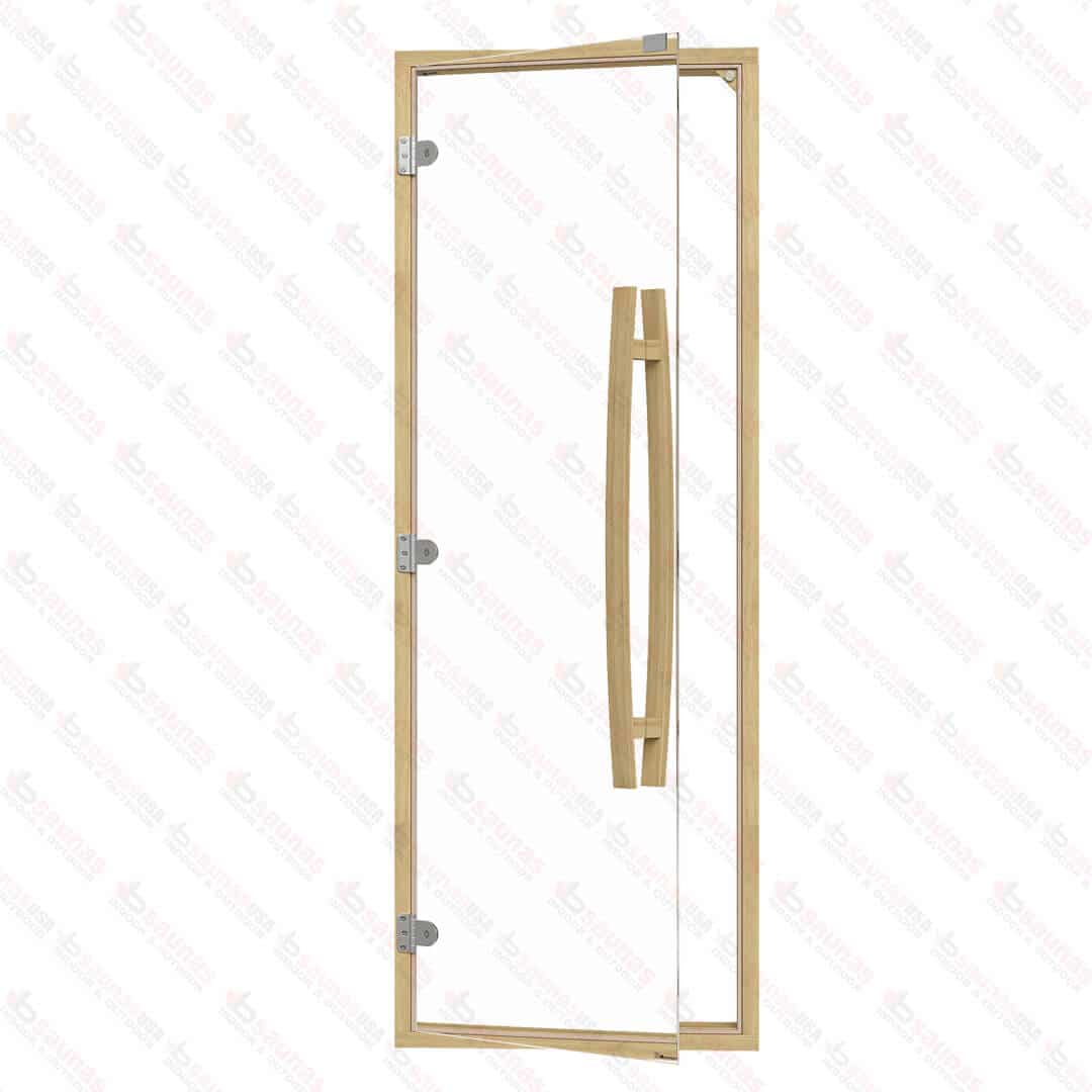 Clear Red Cedar Frame Sauna Door, Curved Handle, Clear Glass, 690×1890 mm (27 1/8″ x 74 3/8″) For Sale at Orlando Sauna Dealer