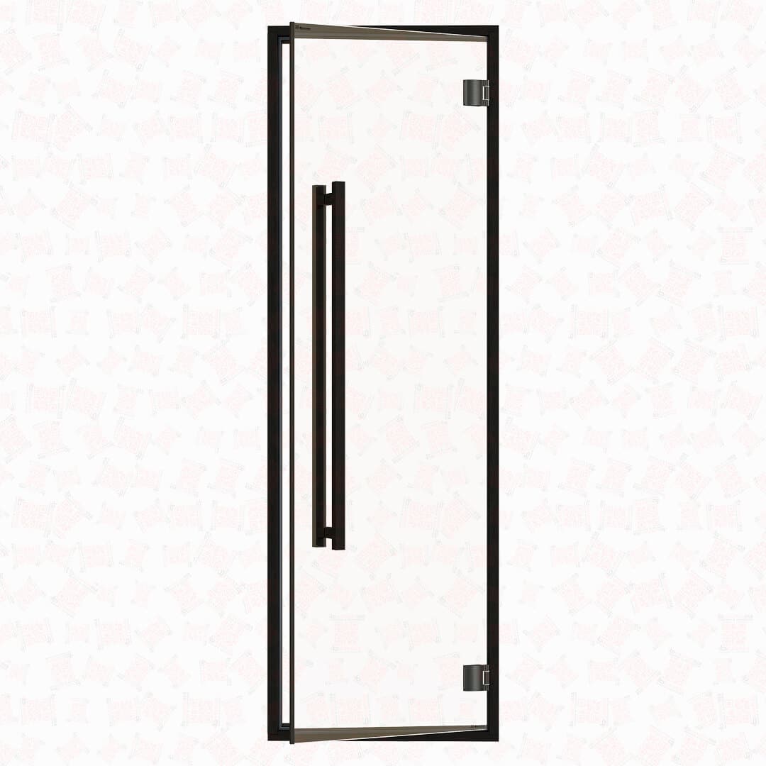 Aspen Black Frame Sauna Door Benelux Square, Clear Glass, 690×2103 mm (27 1/8″ x 82 3/4″) For Sale at Orlando Sauna Dealer