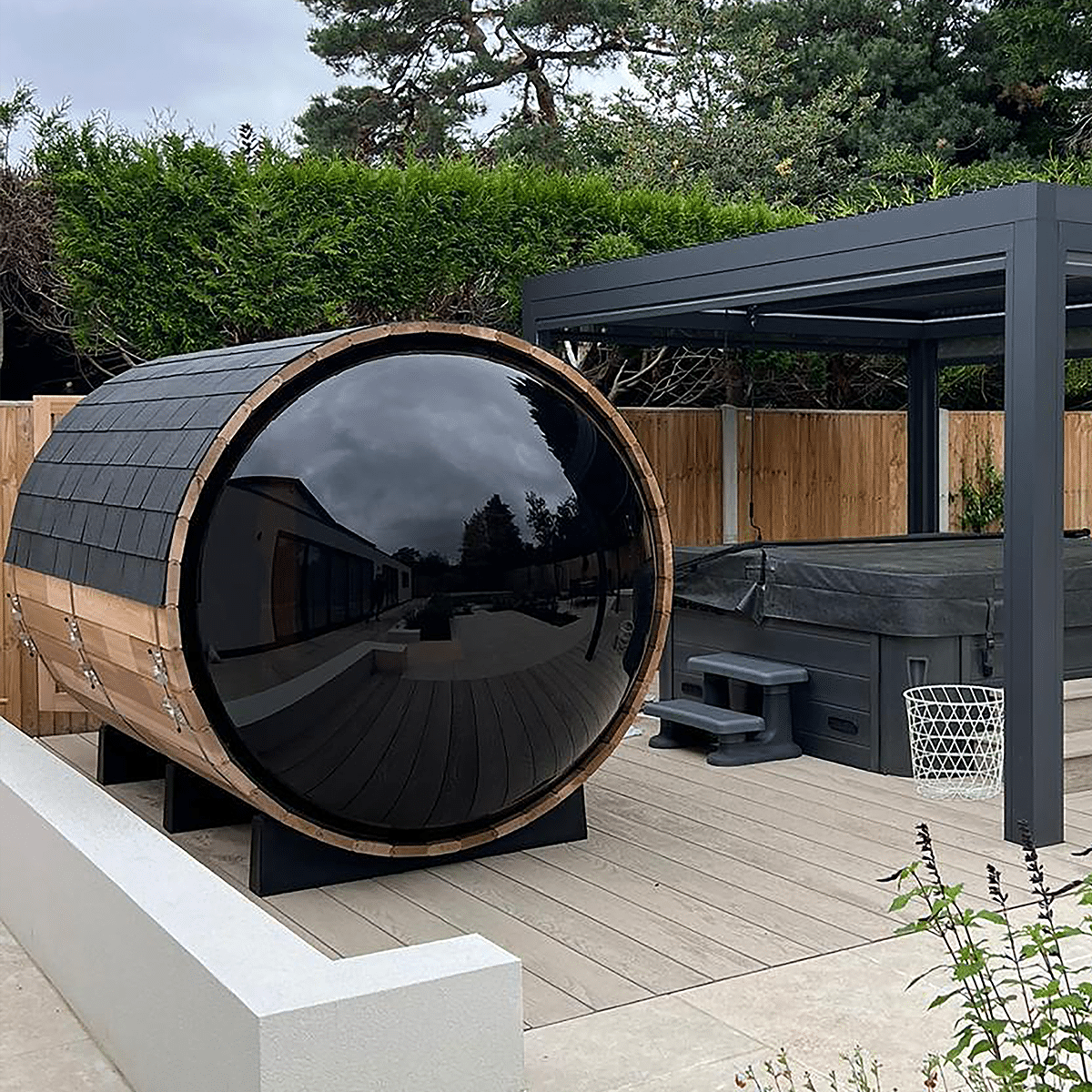 Panorama 2400 Barrel Sauna – Outdoor Luxury Sauna With Full Acrylic Back For Sale - Image 3