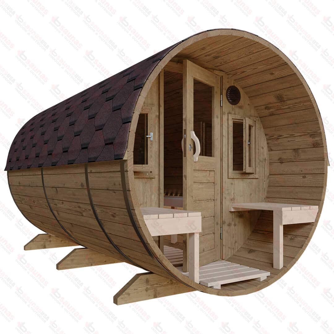 6 Person Barrel Sauna with Porch (S3V) For Sale at Orlando Sauna Dealer
