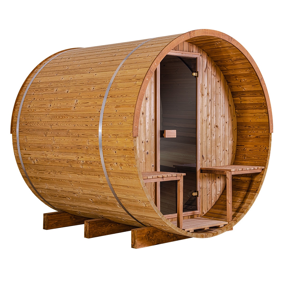 Thermory Barrel Sauna Kit #60 With Half Moon Window & Porch For Sale at Orlando Sauna Dealer